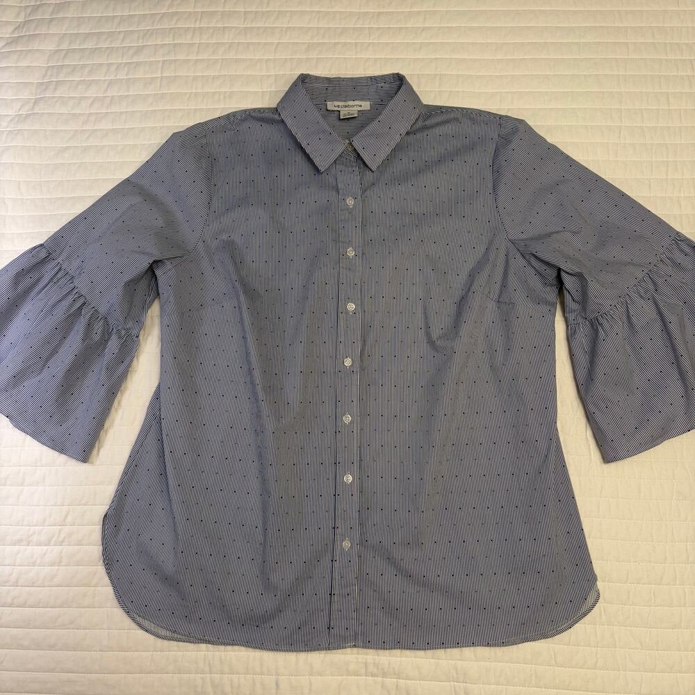 Liz Clairborne Blue White Pinstripe Dots Bell Sleeve Blouse Womens 1X